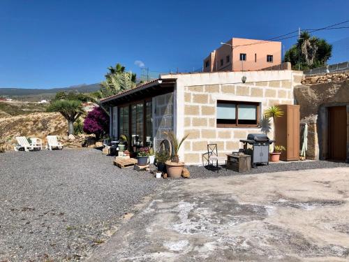 圣克鲁斯-德特内里费Casa Cueva - L&L的一座种植了植物和烤架的小砖屋