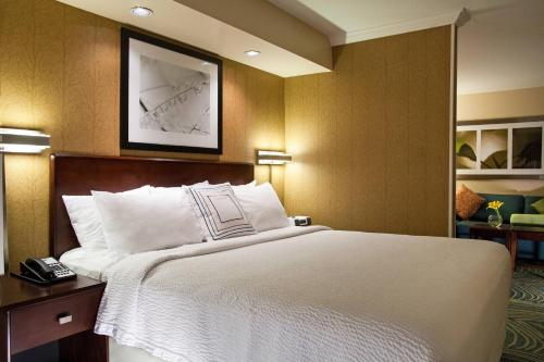 梅德福梅德福万豪春季山丘套房酒店的一间卧室配有一张带白色毯子的大床
