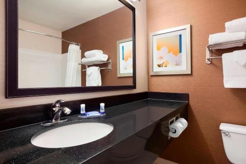 达塔森特唐施兰辛西部费尔菲尔德套房酒店的一间带水槽、镜子和卫生间的浴室