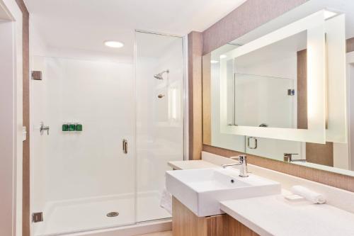 米尔布鲁克SpringHill Suites by Marriott Montgomery Prattville/Millbrook的一间带两个盥洗盆和淋浴的浴室