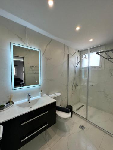 帕拉马Nisos Family House的浴室配有卫生间、盥洗盆和淋浴。