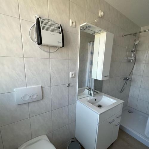 普鲁滕Ferienpark Buntspecht Apartment A的一间带卫生间、水槽和镜子的浴室
