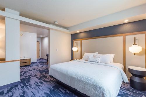 坦帕坦帕北费尔菲尔德万豪酒店的酒店客房设有一张大床和一间浴室。