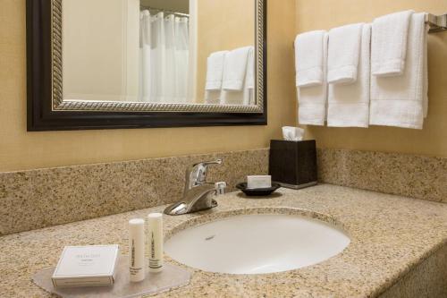 圣安娜梅萨海岸南海岸新城万怡酒店的浴室配有盥洗盆、镜子和毛巾