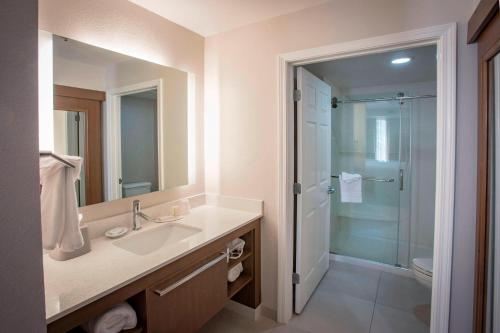 彭萨科拉Residence Inn by Marriott Pensacola Downtown的一间带水槽和玻璃淋浴的浴室