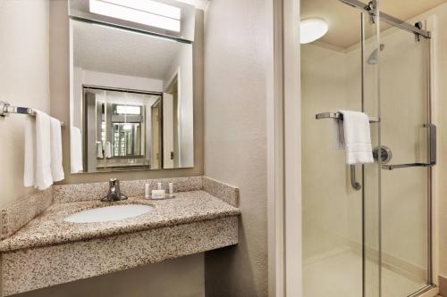 塔尔萨万豪塔尔萨中央庭院酒店的一间带水槽和淋浴的浴室