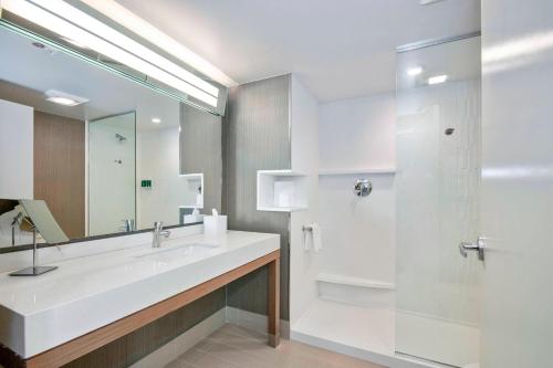 卡瑞Courtyard by Marriott Raleigh Cary/Parkside Town Commons的白色的浴室设有水槽和淋浴。
