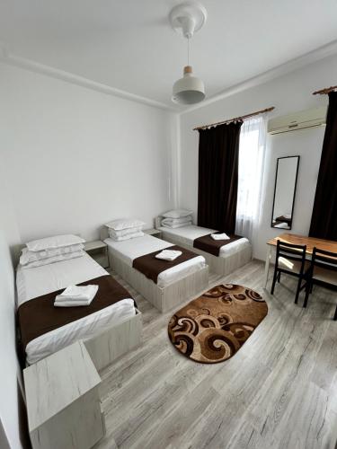 雅西大陆酒店的一间卧室配有两张床、一张桌子和一张地毯。
