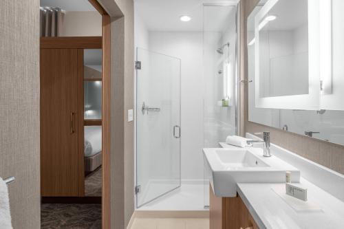 杰克逊SpringHill Suites by Marriott Jackson的带淋浴和盥洗盆的白色浴室