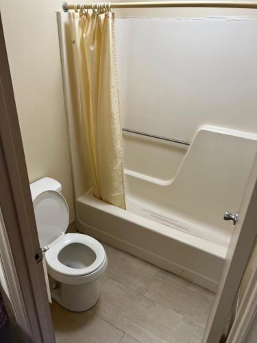 温斯顿·塞勒姆温斯顿塞勒姆绿谷汽车旅馆的浴室配有卫生间、淋浴和浴缸。
