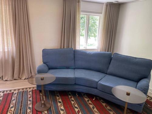 拉霍尔姆Slottsnära miljö.的客厅设有蓝色沙发,配有窗户