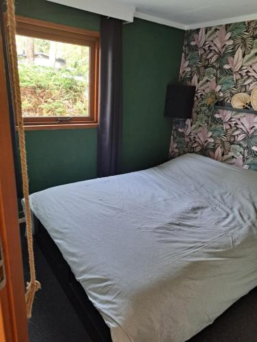 VledderKnusse chalet in een schitterende omgeving的卧室配有秋千床和窗户。