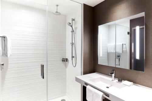 盐湖城盐湖城市中心万豪AC酒店的带淋浴、盥洗盆和镜子的浴室