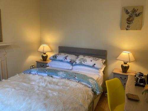 贝尔法斯特Mountroyal Victorian Self Catering Apartment 2的一间卧室配有一张带2个床头柜和2盏灯的床。