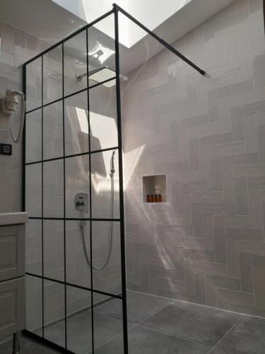 Sremska KamenicaNica Wood的带淋浴的浴室和玻璃墙