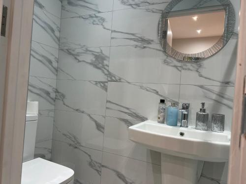 HanwellThe Grande Residence - Close to Central London & Next to Northfield Tube station的白色的浴室设有水槽和镜子