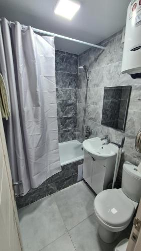 巴尔喀什Сдаётся однокомнатная квартира возле озера的浴室配有卫生间、盥洗盆和淋浴。
