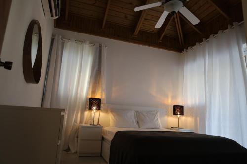 巴亚希贝Paraiso Bayahibe by Mireya的一间卧室配有一张带吊扇和两盏灯的床。