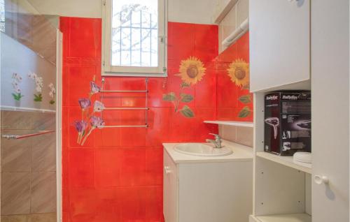 勒吕克Gorgeous Apartment In Le Luc With Wifi的红色的浴室设有卫生间和水槽