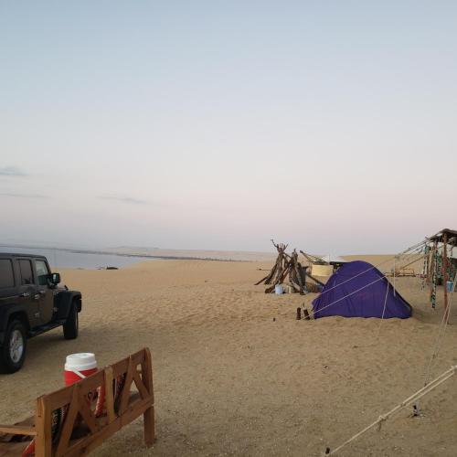 ‘Izbat Būrīsh al GharbīyāhSamuel Dunes的海滩上的帐篷和卡车
