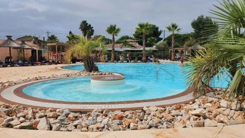 瓦尔拉普拉日Mobil-home Les Locs Danous的棕榈树度假村内的大型游泳池