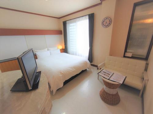 唐津汪洋海上风情度假酒店的一间酒店客房,配有一张床和一台电视