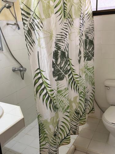 班拉克海滩苏梅岛花园度假酒店的浴室设有绿色和白色的淋浴帘
