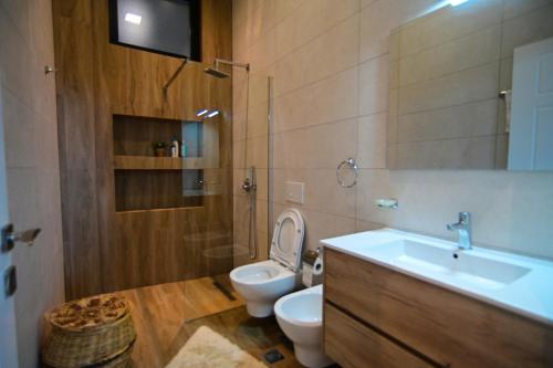 地拉那Stylish two bedroom house with private pool的一间带卫生间、水槽和镜子的浴室