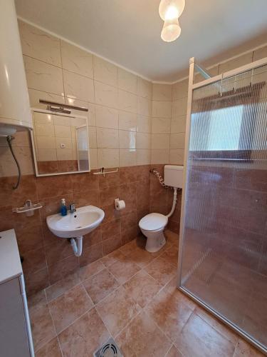 ZmajevacŠumska idila Rakovac的浴室配有卫生间、盥洗盆和淋浴。