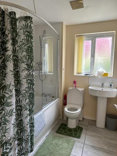 曼彻斯特Rooms 7 minutes from Etihad的带淋浴、卫生间和盥洗盆的浴室