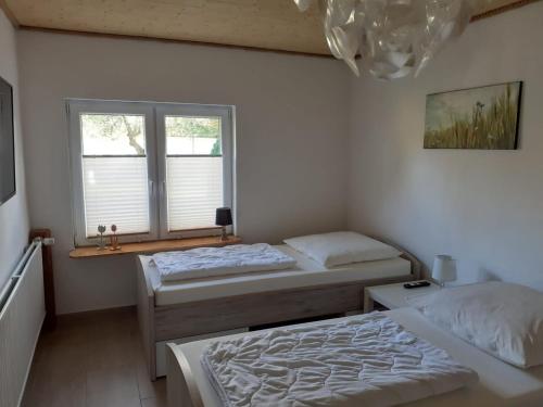 普劳西Ferienhaus Fiete的卧室内的两张床,配有窗户和吊灯