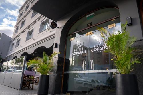 胡宁Hotel Copahue的建筑前方有植物的商店