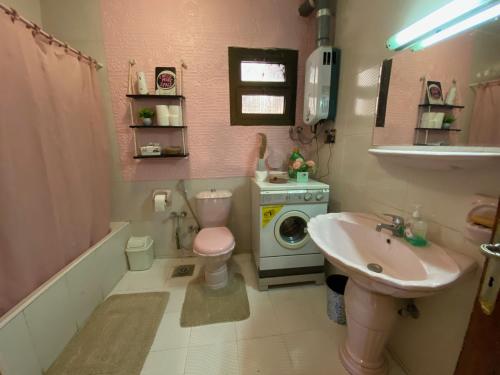 开罗Sunny 2BR Apartment in Maadi的浴室配有盥洗池、卫生间和洗衣机。