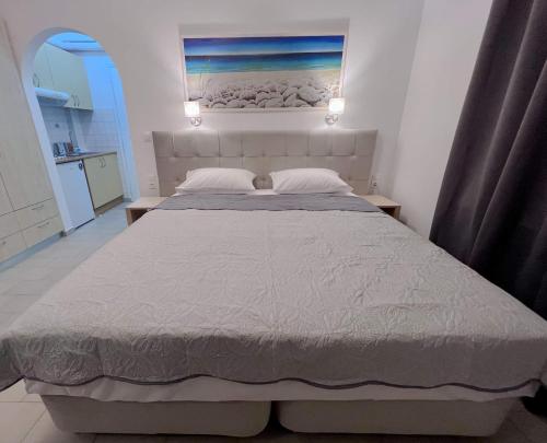 斯基亚索斯镇ATHANASIA APARTMENTS的卧室配有一张大床,墙上挂有绘画作品