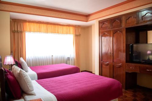 拉巴斯Hotel Diamante Azul的一间酒店客房,设有两张床和电视