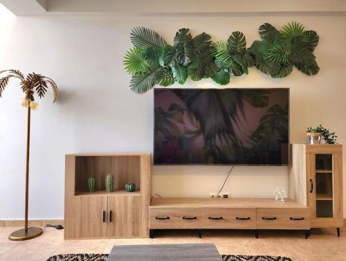 阿尔马达Cozy Apartment in central Almada w Swing Chairs的客厅设有壁挂式平面电视。
