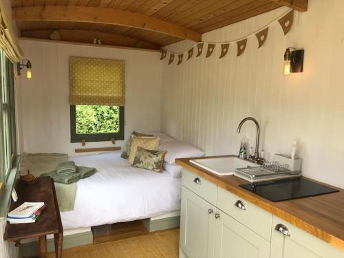 黑尔斯沃思The Warren - Cosy Shepherds Hut in beautiful wild meadow的一个带床和水槽的厨房