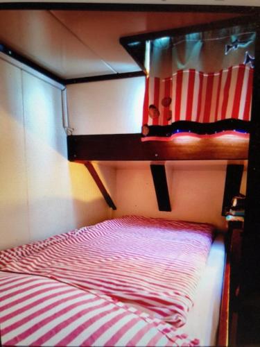 斯图加特Schiff AHOY, Hotelschiff, Hausboot, Boot, Passagierschiff的双层床配有红色和白色条纹棉被