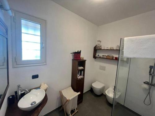 桑尼科拉Residenza SA - tra mare e campagna的一间带水槽、卫生间和淋浴的浴室