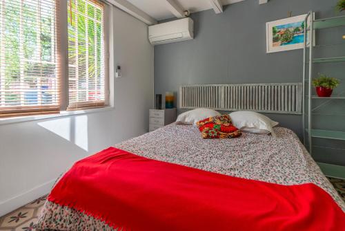蒙彼利埃Oasis centre charme的卧室配有红色毯子,位于床上