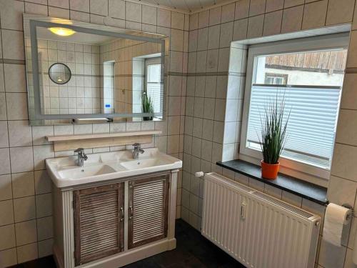 大舍瑙Maisonette-FeWo Fritz mit Infrarotsauna的一间带水槽和镜子的浴室以及窗户。