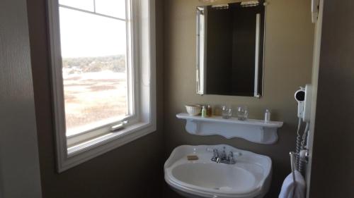 Harmony Junction约翰逊岸边酒店的一间带水槽和镜子的浴室以及窗户。