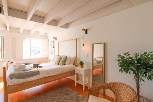 波尔图Douro Dreams的一间卧室配有一张床和镜子