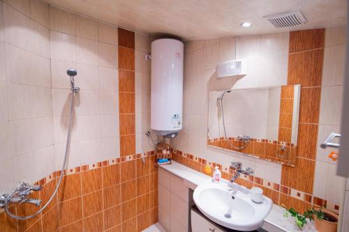 旧扎戈拉Gabko Apartment - great location and a comfortable stay!的一间带水槽、淋浴和镜子的浴室