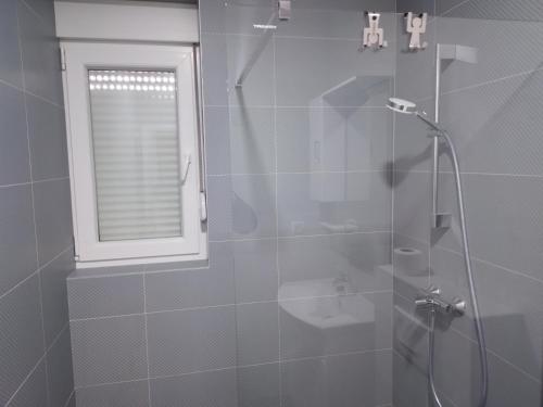诺瓦利娅Vila Cissa的浴室设有玻璃淋浴间、卫生间和窗户。