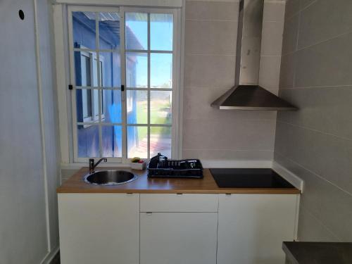新皮尼亚尔Azulrelax Hostel的厨房设有水槽和窗户。