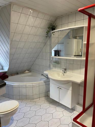 NeukalenMecklenburg Vorpommern的带浴缸、盥洗盆和卫生间的浴室