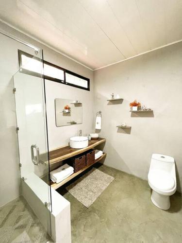 QuesadaCasa Boho的带淋浴、卫生间和盥洗盆的浴室