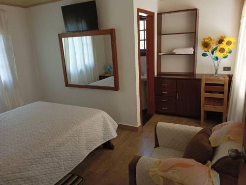 CusúaEl Rancho Viejo de José, suit de una habitación的一间卧室配有一张床、镜子和椅子