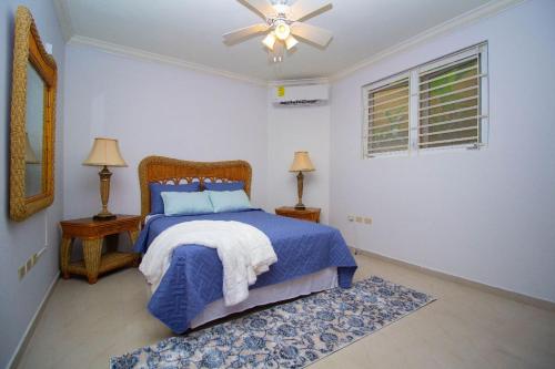 欧丘里欧Crystal Cove Oceanfront/ 2 bedroom Condo的一间卧室配有一张床和吊扇